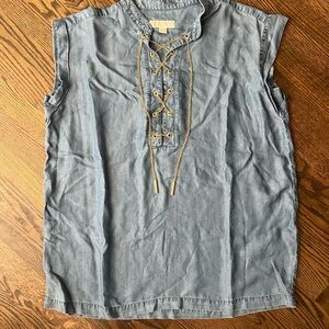 Michael Kors Blue Sleeveless Chain Tie Front Chambray Blouse